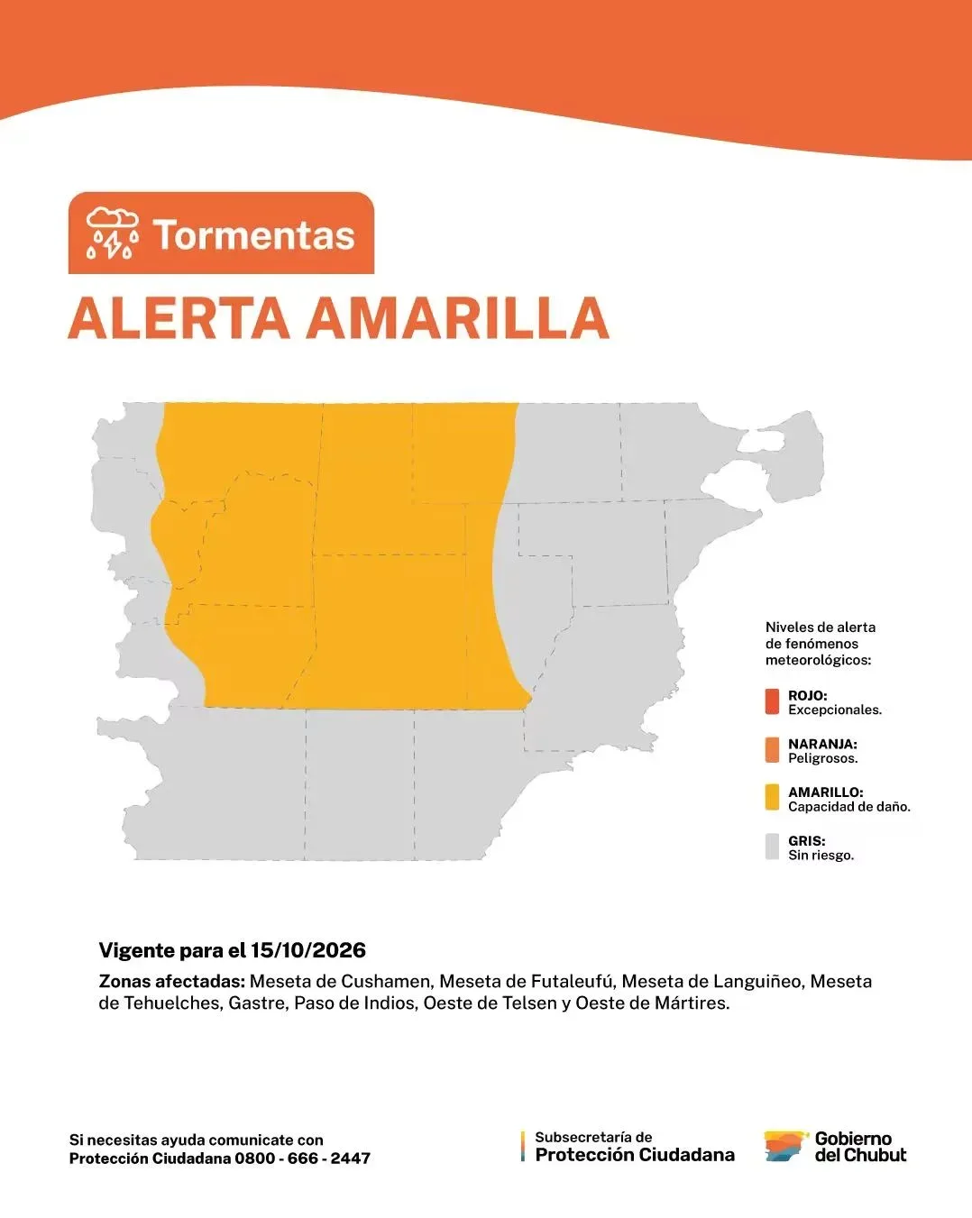 Chubut: alerta amarilla por tormentas en la meseta y el oeste provincial