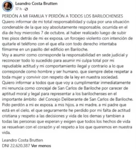 Un concejal peronista de Bariloche renunció tras reconocer que agredió a su expareja