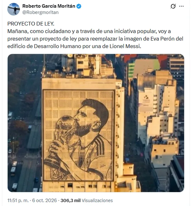 García Moritán quiere cambiar a Eva Perón por Messi en un edificio de la 9 de Julio